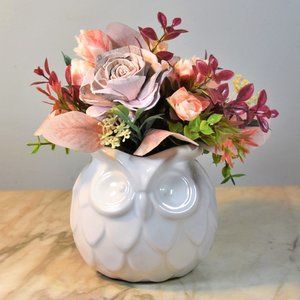 Wise Owl! 4 inch white ceramic owl planter with Sola wood bark rose arrangement